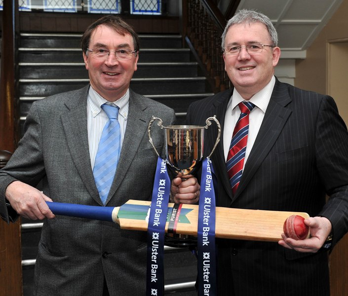 Chris Harte (left), President of the NCU, and Ulster Bank executive, Stephen Cruise, at the draw for the first round of the Ulster Bank Schools Cup